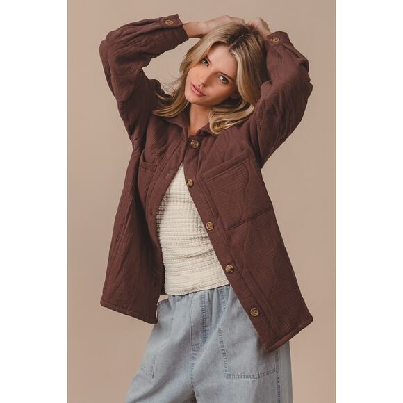 BiBi Quilted Wrinkle Gauze Long Sleeves Chest Pockets Oversized Shacket | Mocha - Picture 3 of 6
